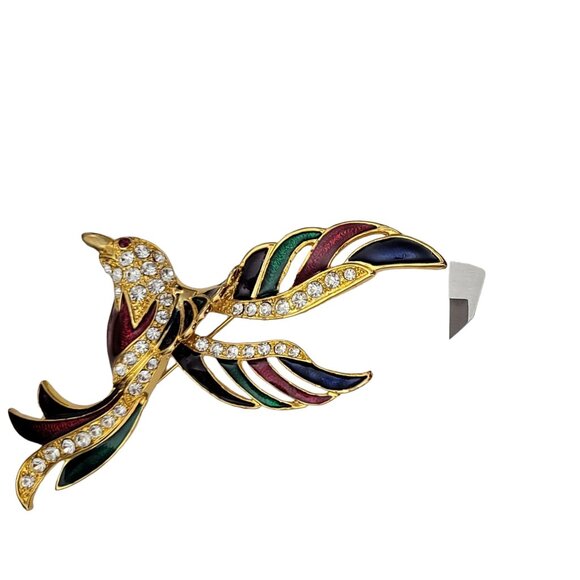 Gold Tone Enamel Clear Rhinestone Statement Large Paradise Bird Brooch, K203 - Picture 6 of 8